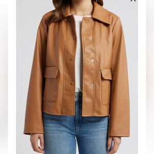 NWT Sam Edelman Faux Leather Jacket Saddle Brown Snap Front Pockets Moto